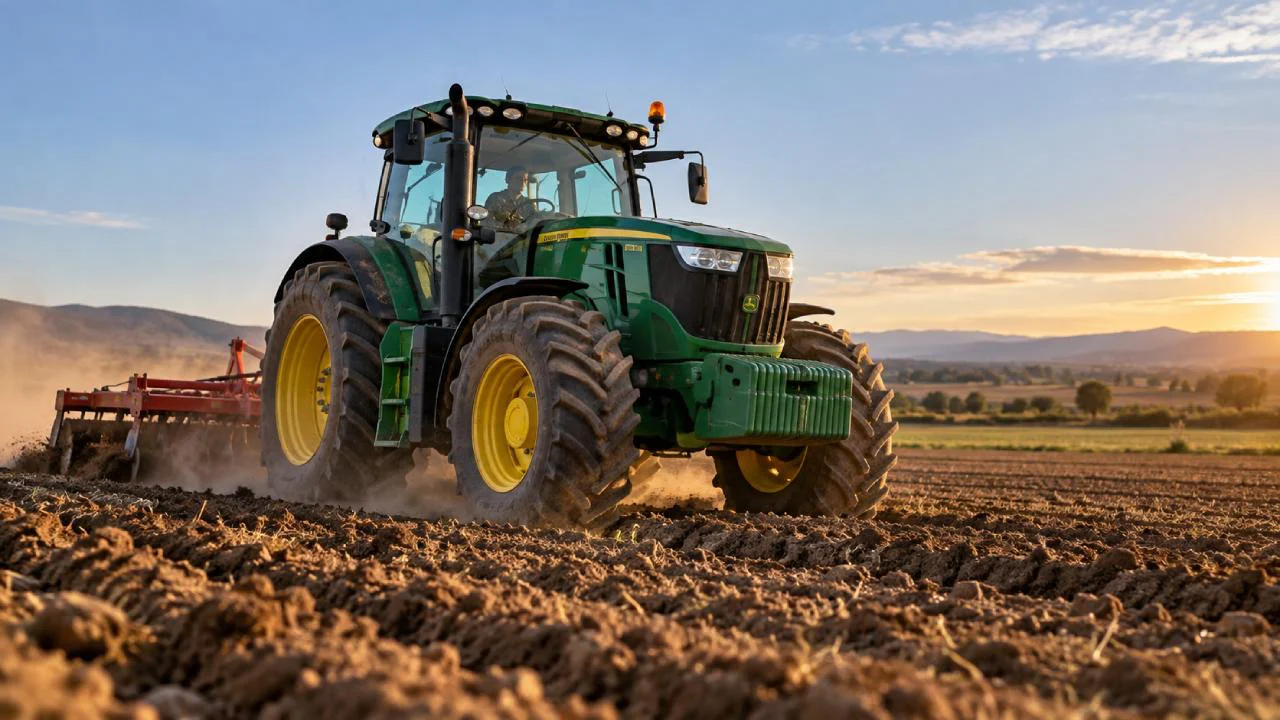 Tractor-verde-arando-al-atardecer